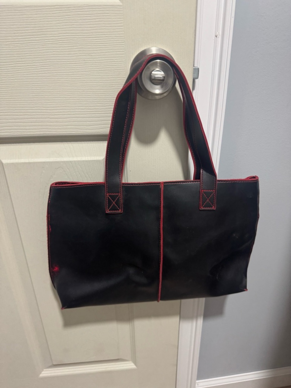 Black Shoulder Tote Bag with Red Trim
